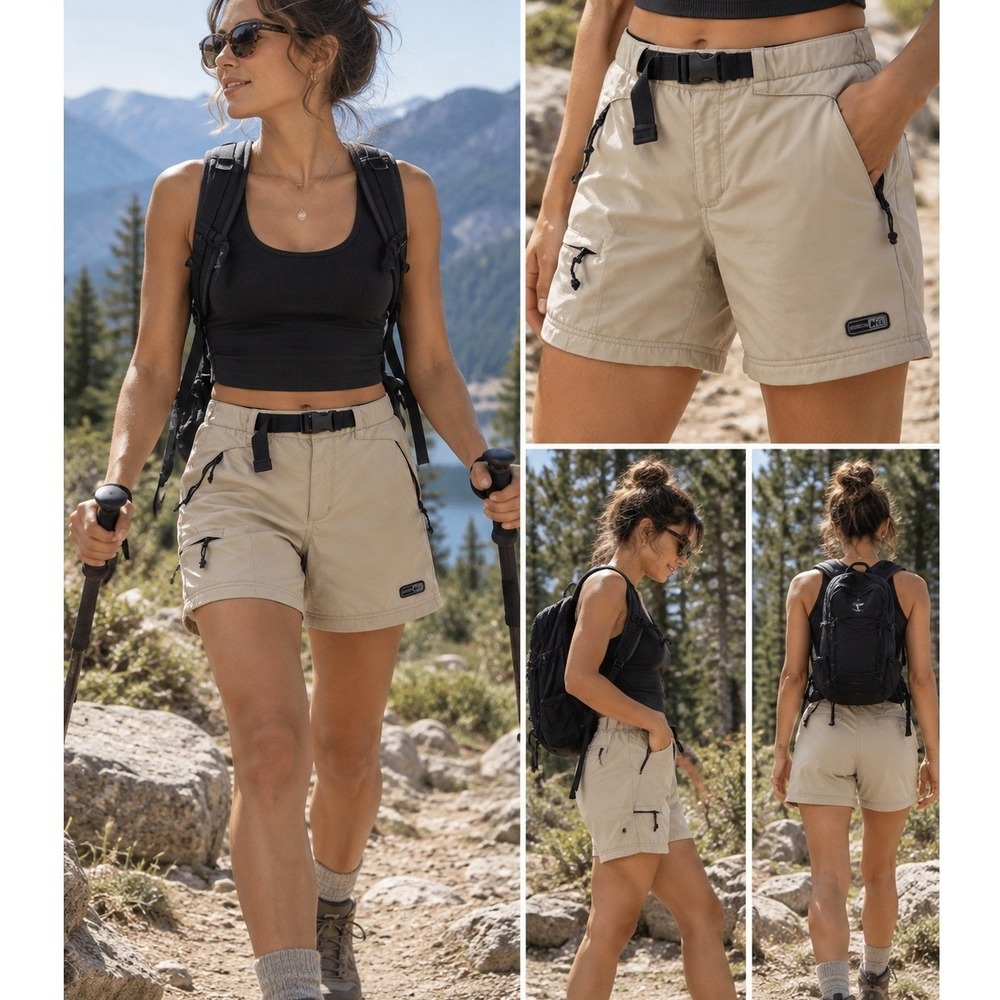 REI Co-op Womens Tan Hiking Cargo Shorts Size 12 Stretch Utility Belted Khaki